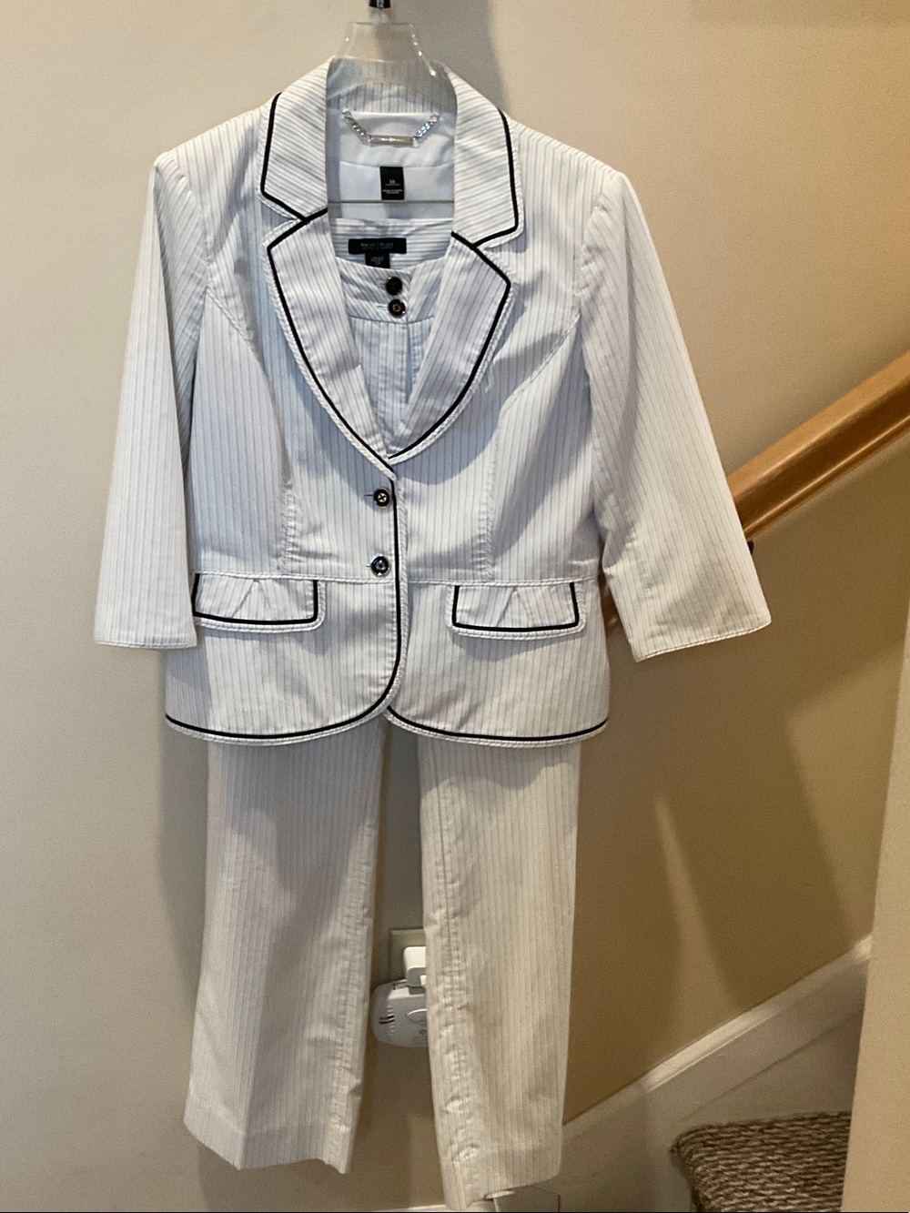 WHBM 2 piece suit( Jacket sz 14/pants sz 12) - White Pinstripe Set w/Black Trim